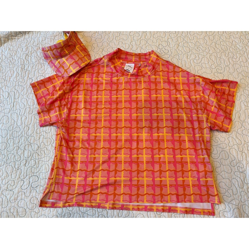 PUMA x Dani Dazey Pink Orange Wavy Grid Mock Neck Top & Visor Set Womens Large